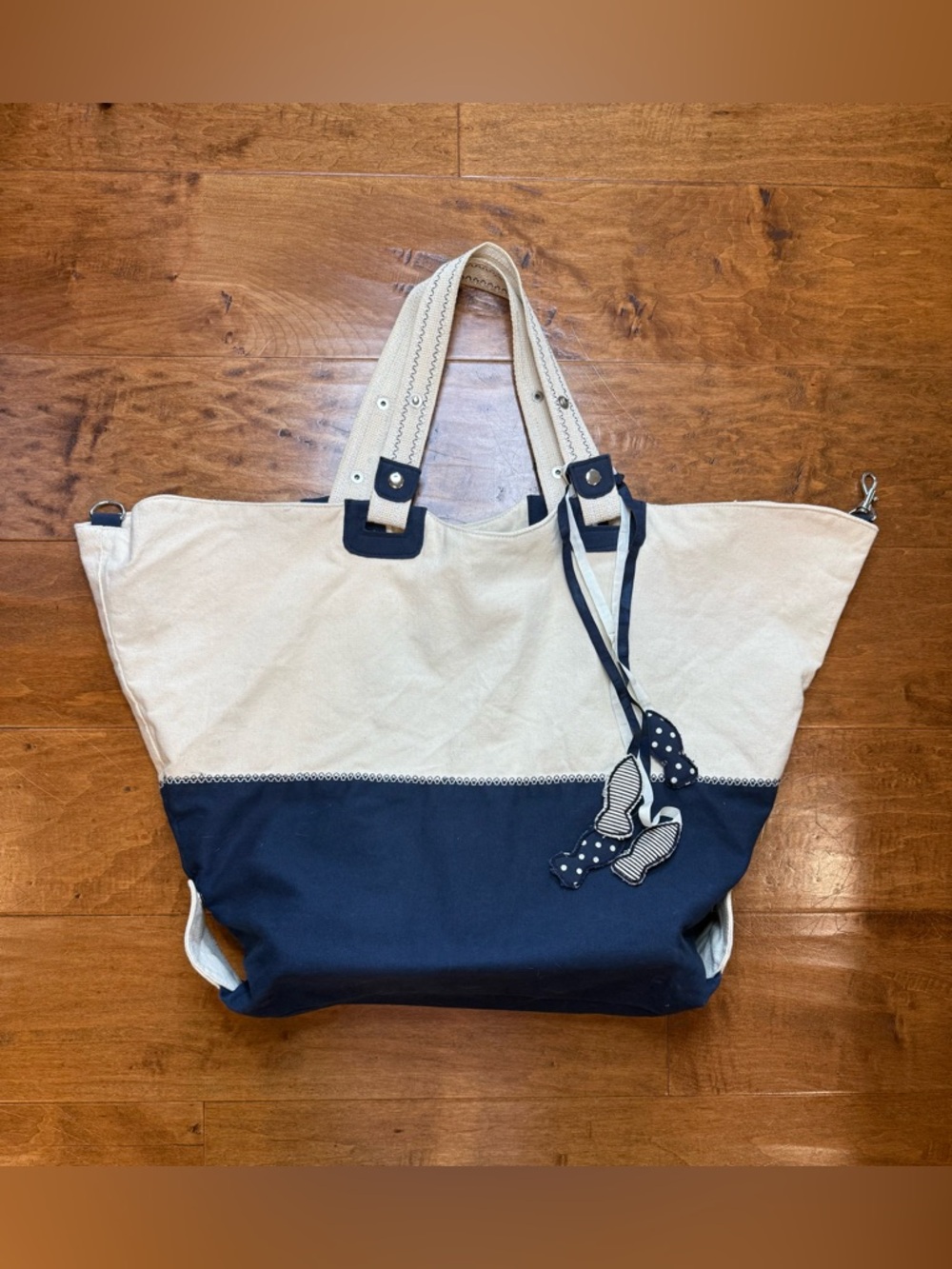 Anthropologie Canvas Weekender Tote Navy Beige Large Travel Beach Bag
